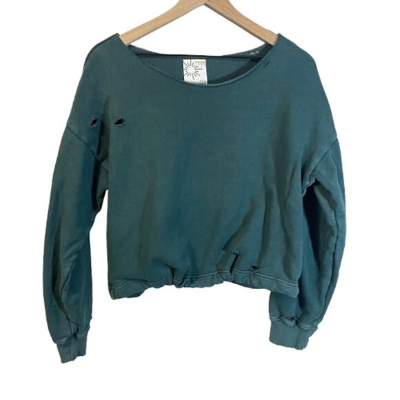 Aerie Offline Cropped Distressed Sweatshirt Dark Green Terry Cloth Fabric Sz XS - Picture 1 of 15
